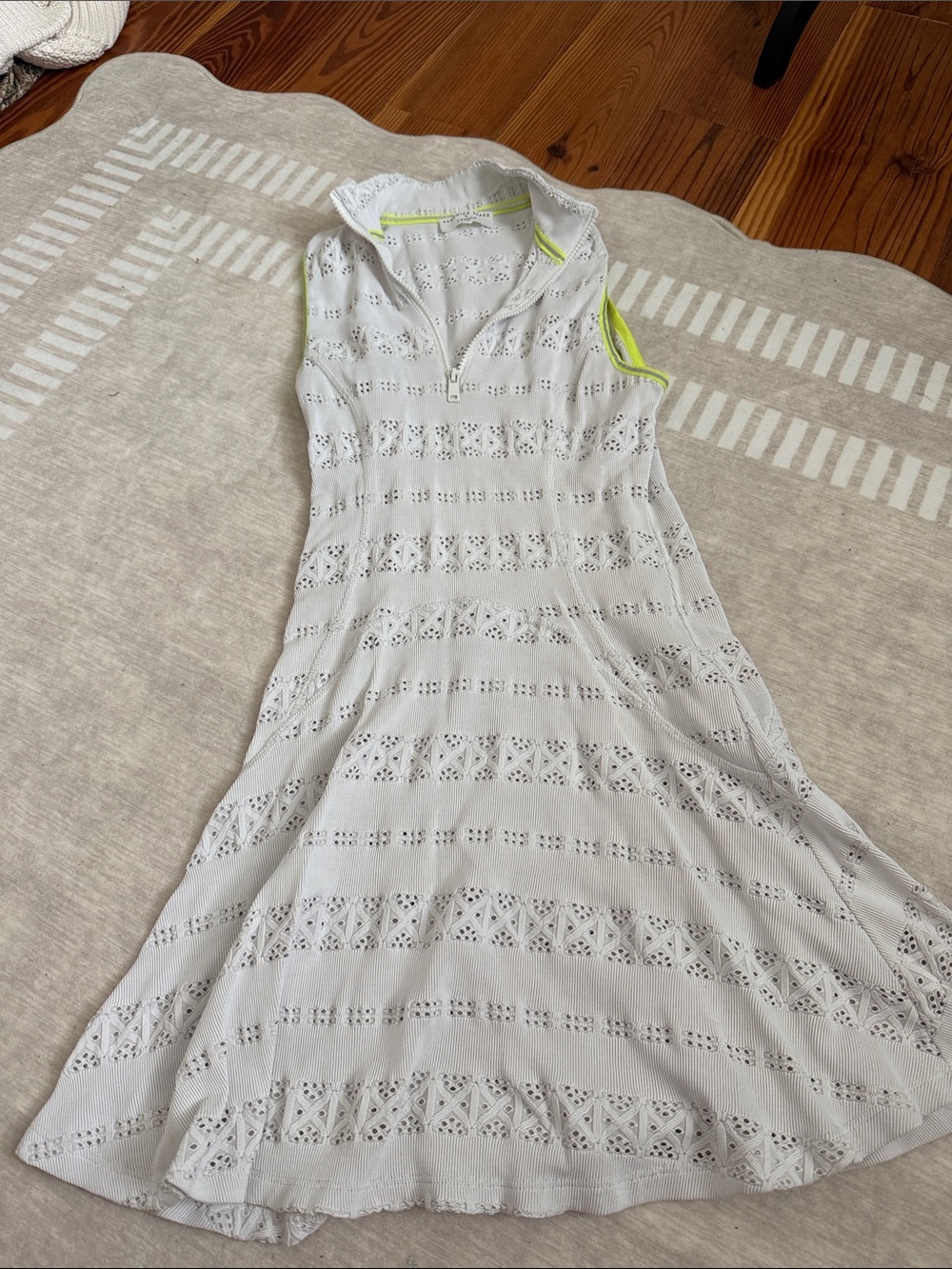 Veronica Beard White Eyelet Sleeveless Polo Dress with Neon Lime Trim